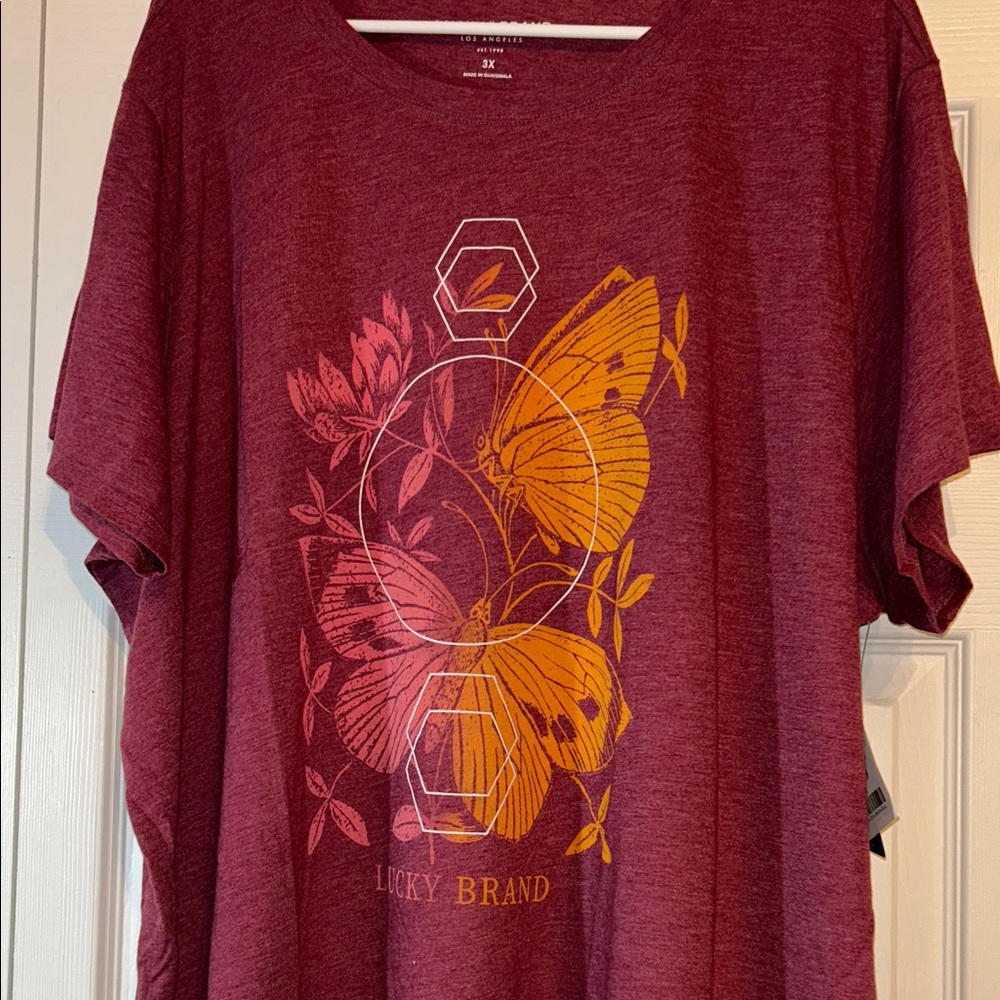 Lucky Brand Burgundy Tee with Yellow Butterfly Design - Picture 2 of 3